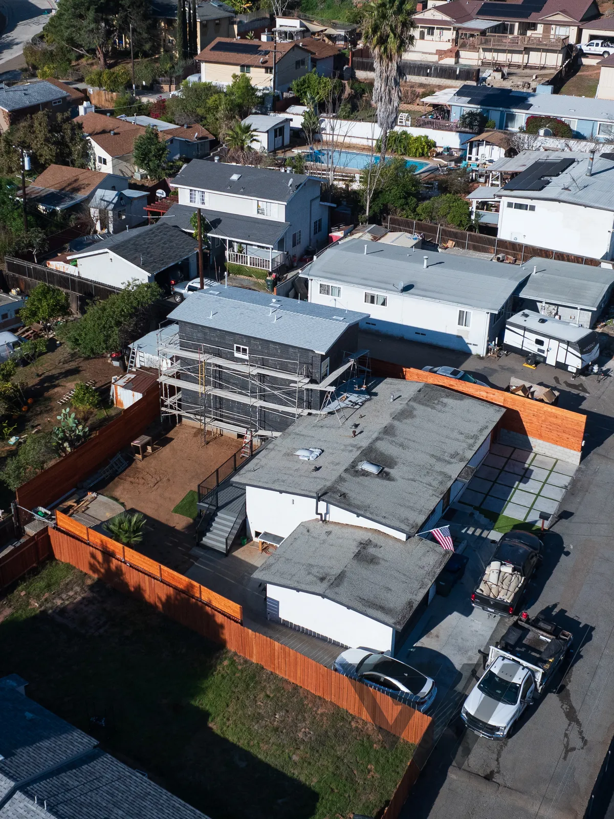 Spring Street — aerial over the finished roofline